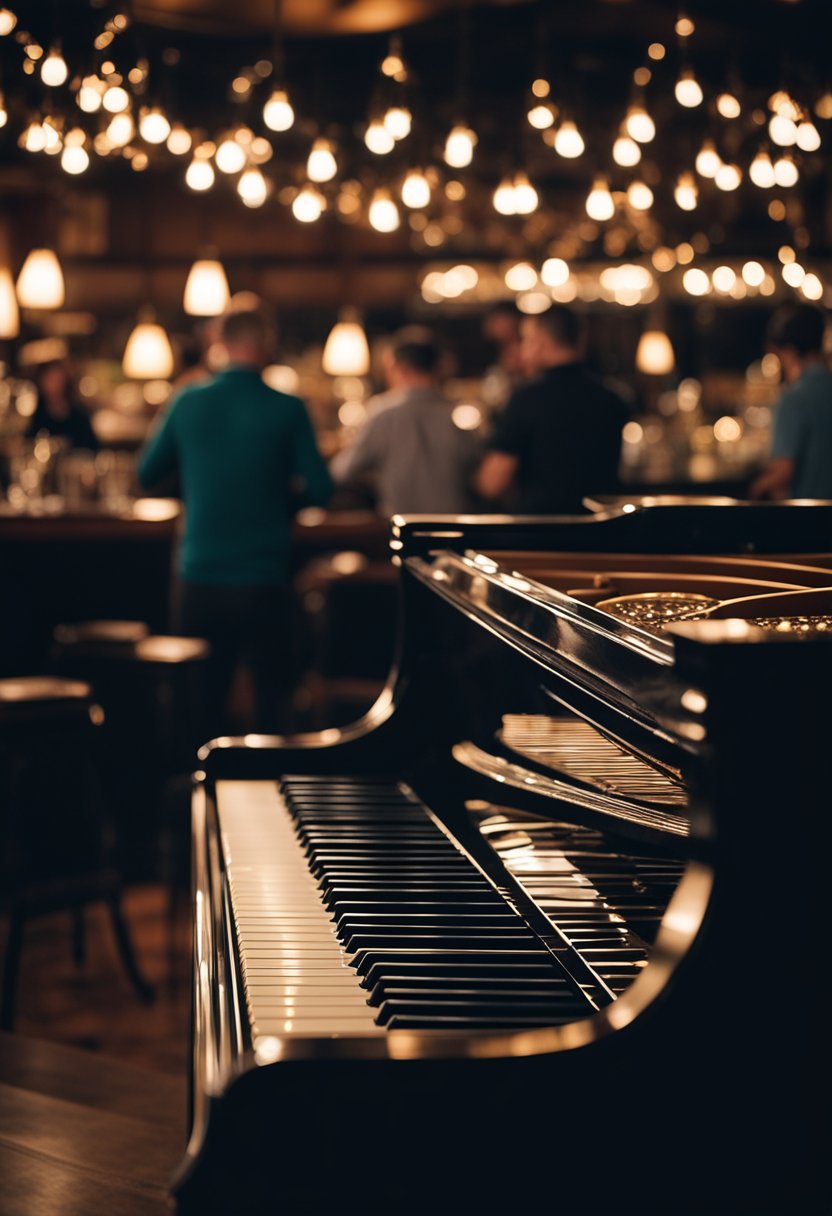 A cozy piano bar in Waco, Texas. Dim lighting, a grand piano, and patrons enjoying live music and cocktails