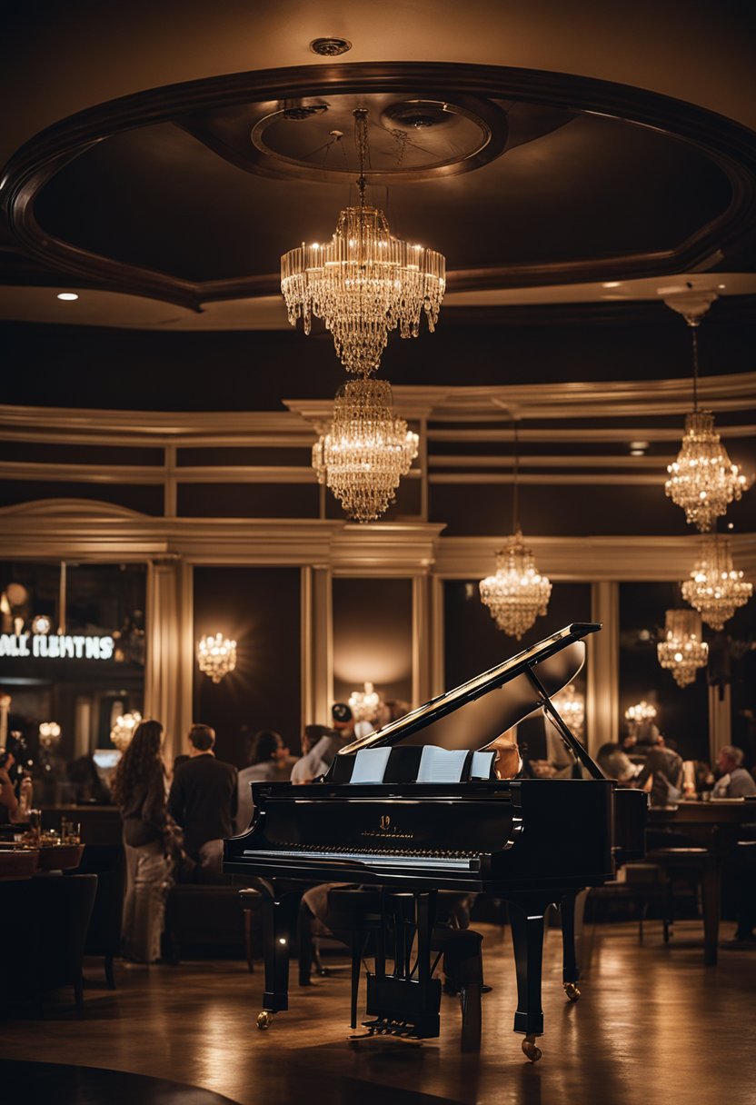 A cozy piano bar in Waco, Texas, with dim lighting, a polished grand piano, and patrons enjoying drinks and live music