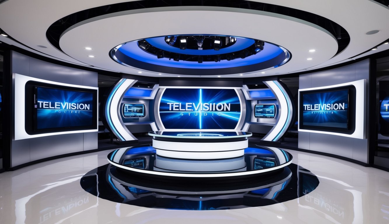 A sleek, high-tech television studio filled with state-of-the-art equipment and futuristic set designs