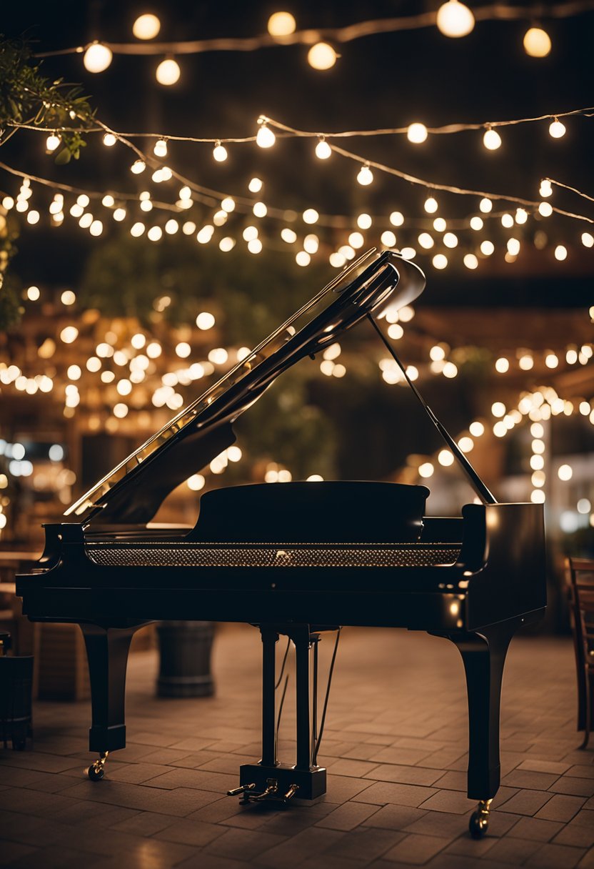 A lively patio bar with a grand piano as the focal point, surrounded by twinkling string lights and cozy seating areas