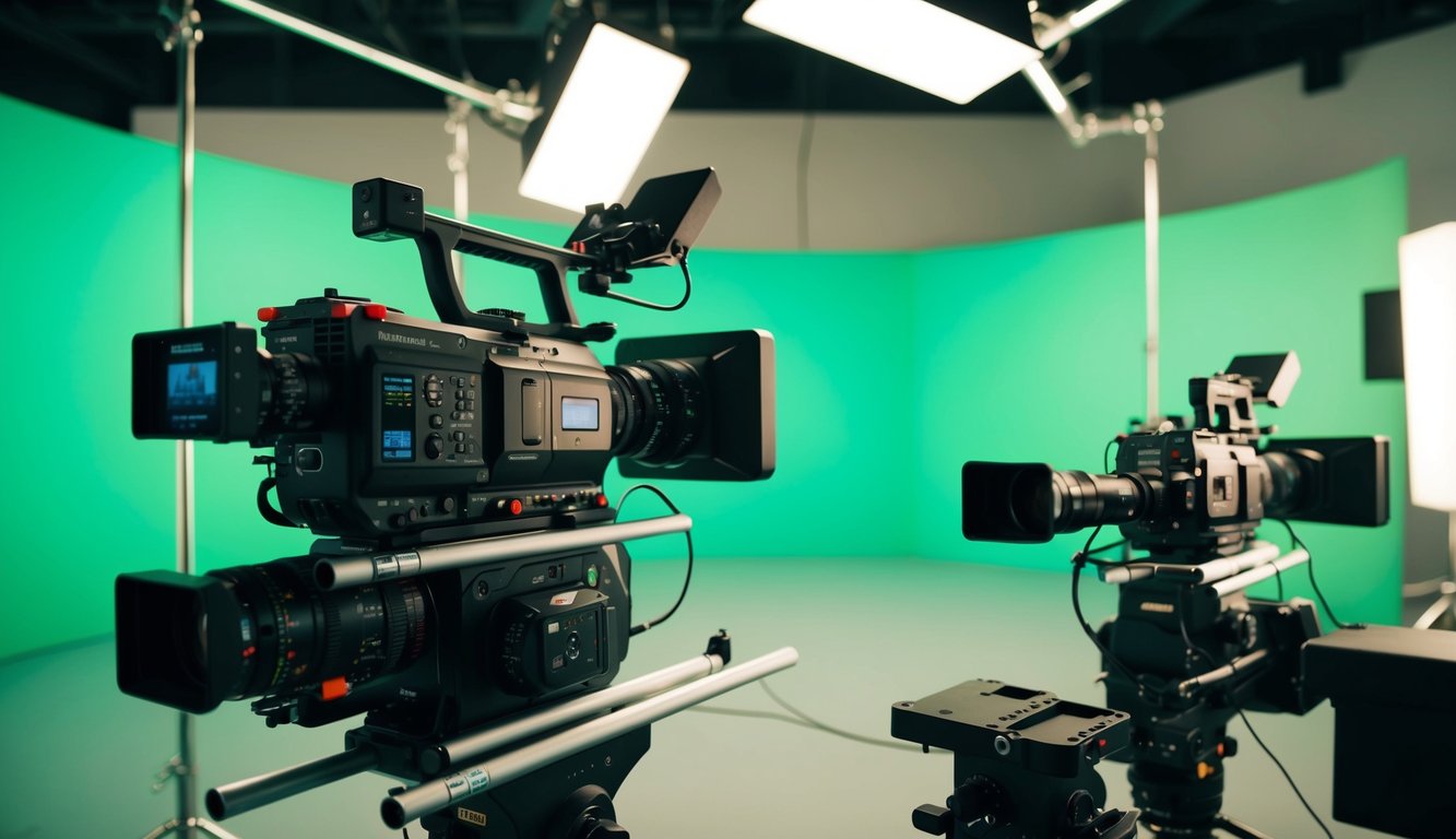 A modern film set with advanced camera equipment, lighting rigs, and green screens, showcasing the technological influence on independent film production