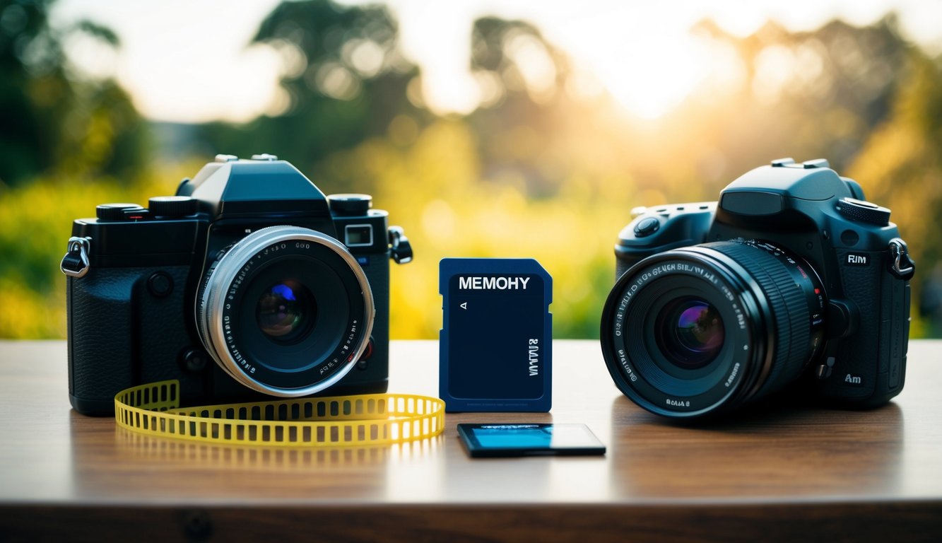 A film camera and a modern digital camera side by side, with a film reel and a memory card symbolizing the impact of technology on film and television production