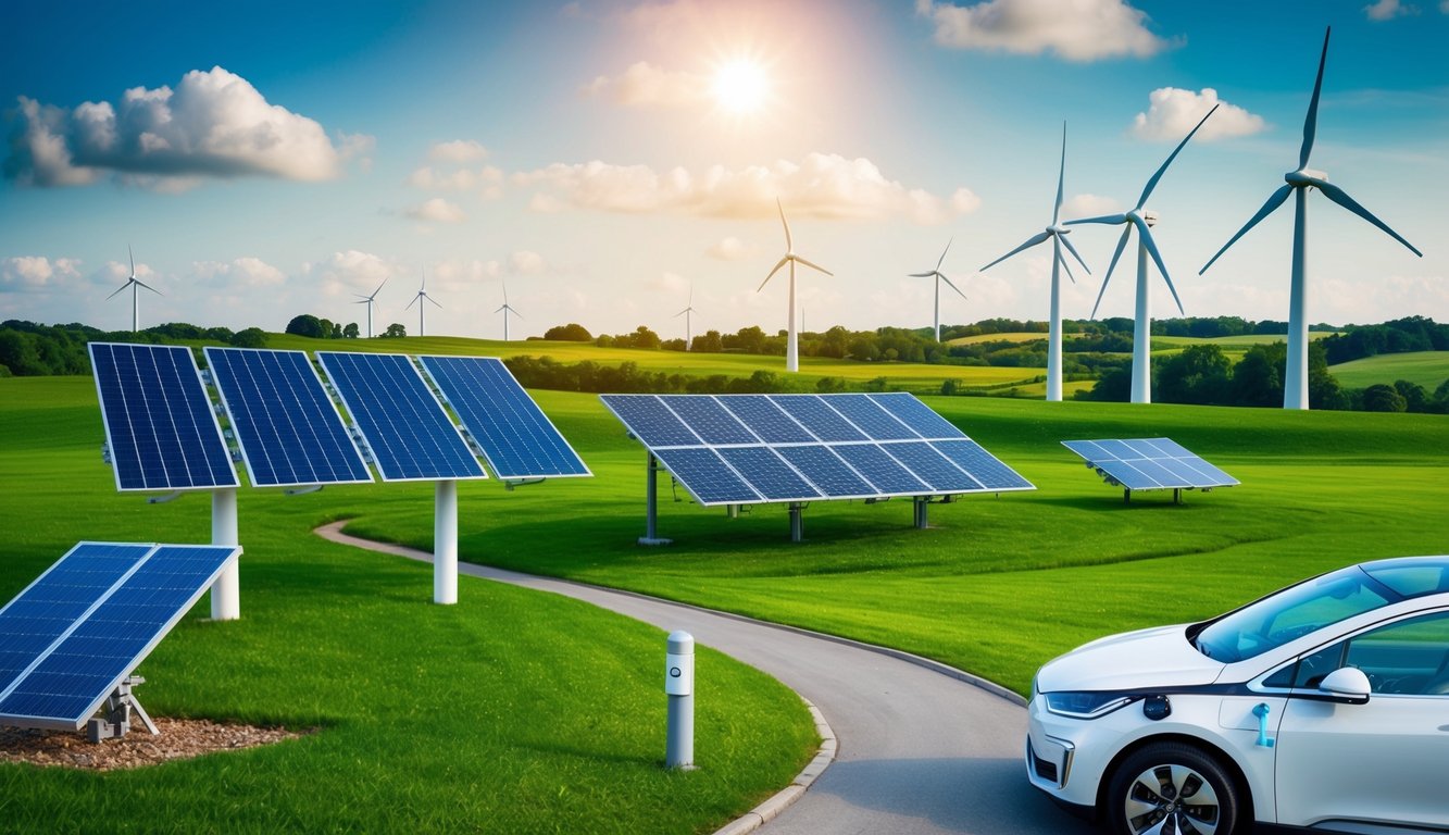 A lush green landscape with wind turbines, solar panels, and electric vehicles, all powered by advanced technology, working together to combat climate change