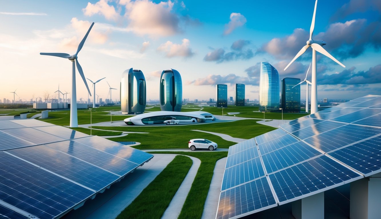 A futuristic cityscape with renewable energy sources, electric vehicles, and green infrastructure. Wind turbines, solar panels, and high-tech buildings symbolize the role of technology in combating climate change