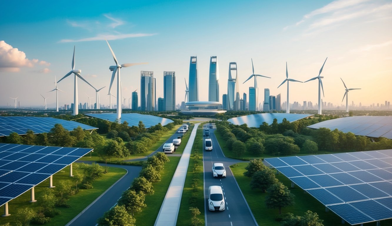 A futuristic city skyline with wind turbines, solar panels, and electric vehicles, surrounded by lush greenery and clean air