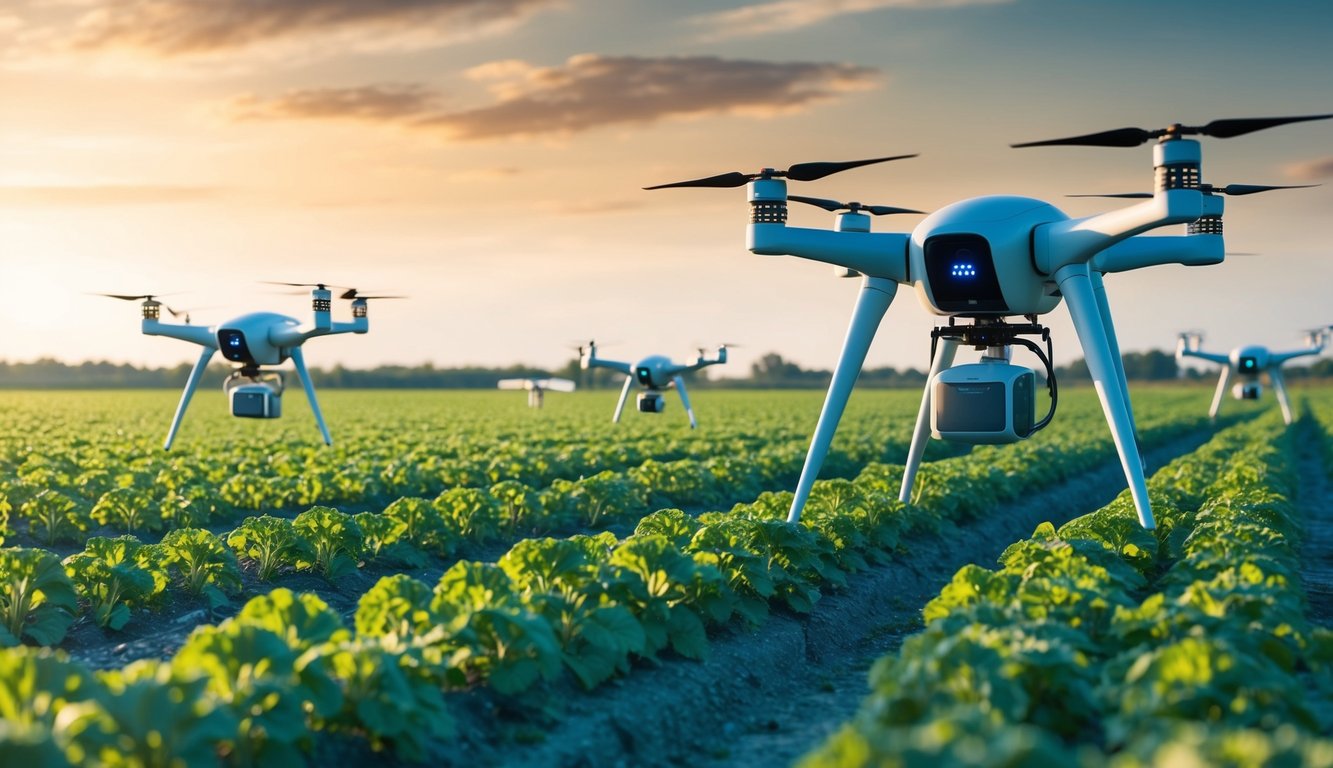 A futuristic farm with AI-controlled drones and robots tending to crops in a sustainable, high-tech environment