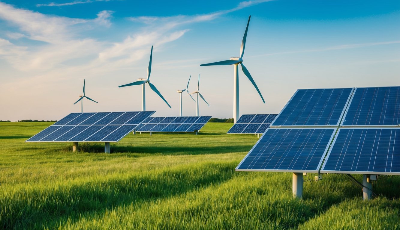 A lush green landscape with wind turbines and solar panels, surrounded by clean air and blue skies