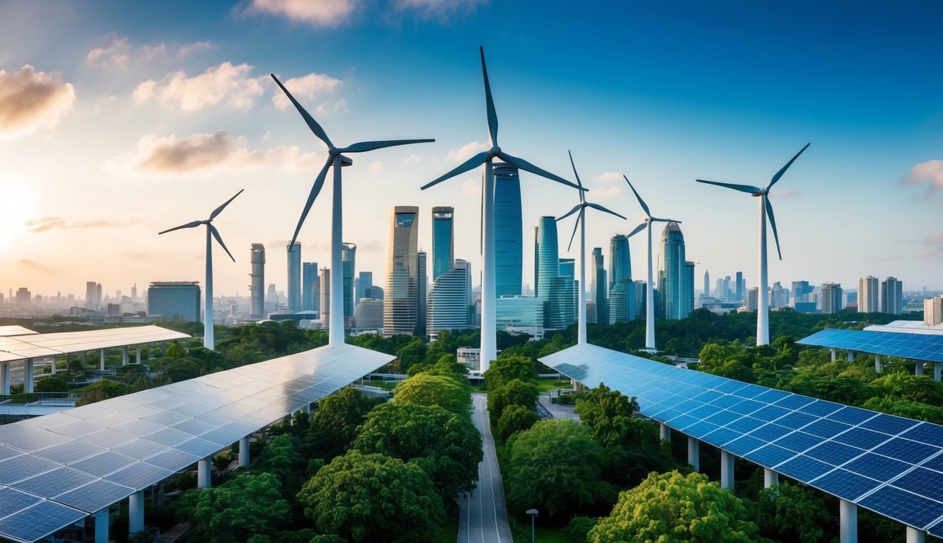 A bustling city skyline with wind turbines and solar panels integrated into the architecture, surrounded by lush greenery and clean, renewable energy sources