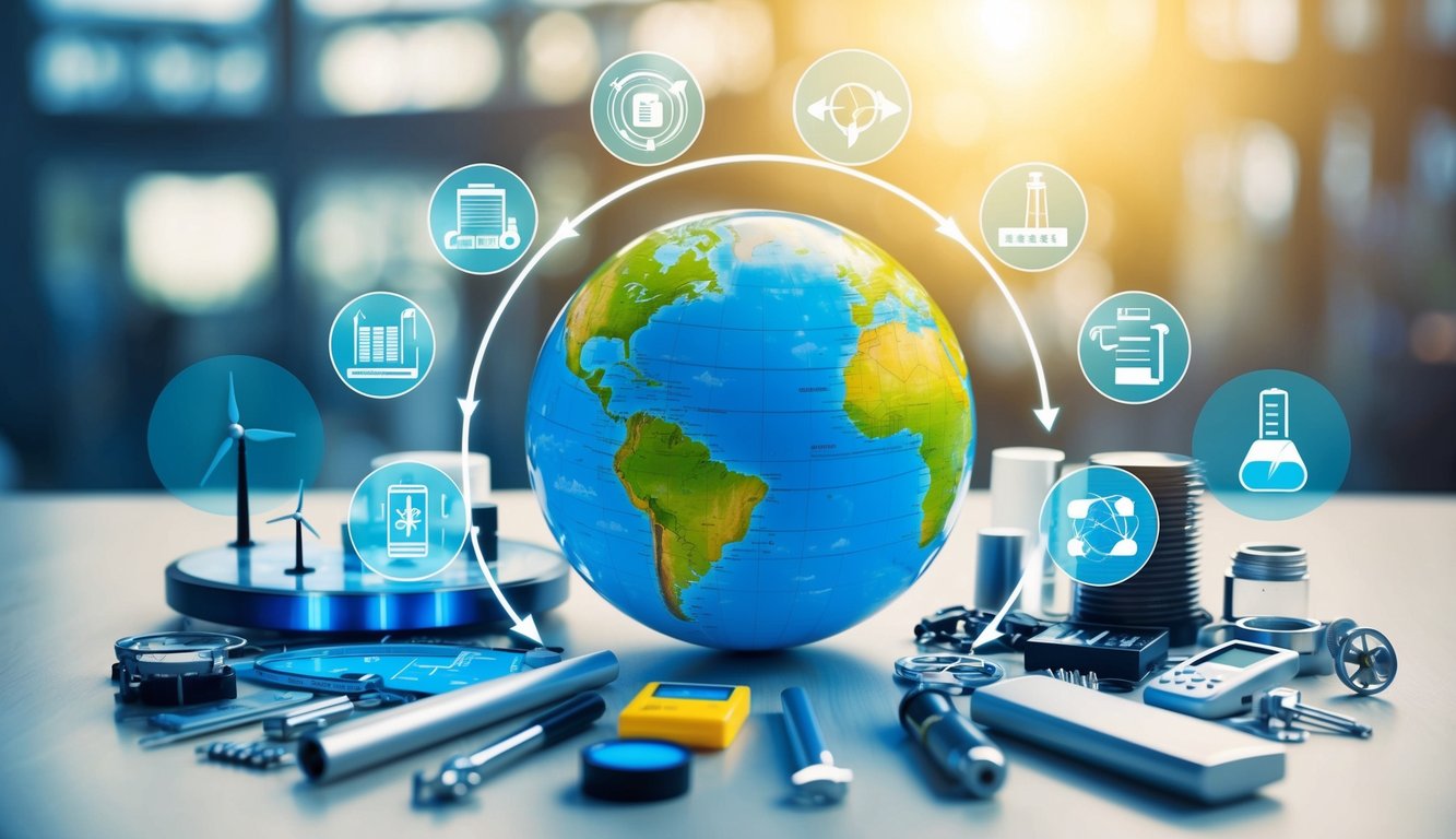 A globe surrounded by various technological tools and renewable energy sources, symbolizing the role of technology in achieving global climate change goals