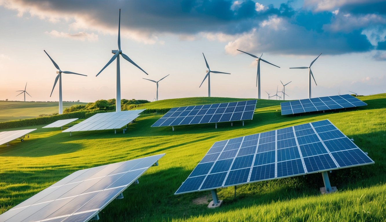 A lush, green landscape with wind turbines and solar panels, surrounded by clean, renewable energy sources