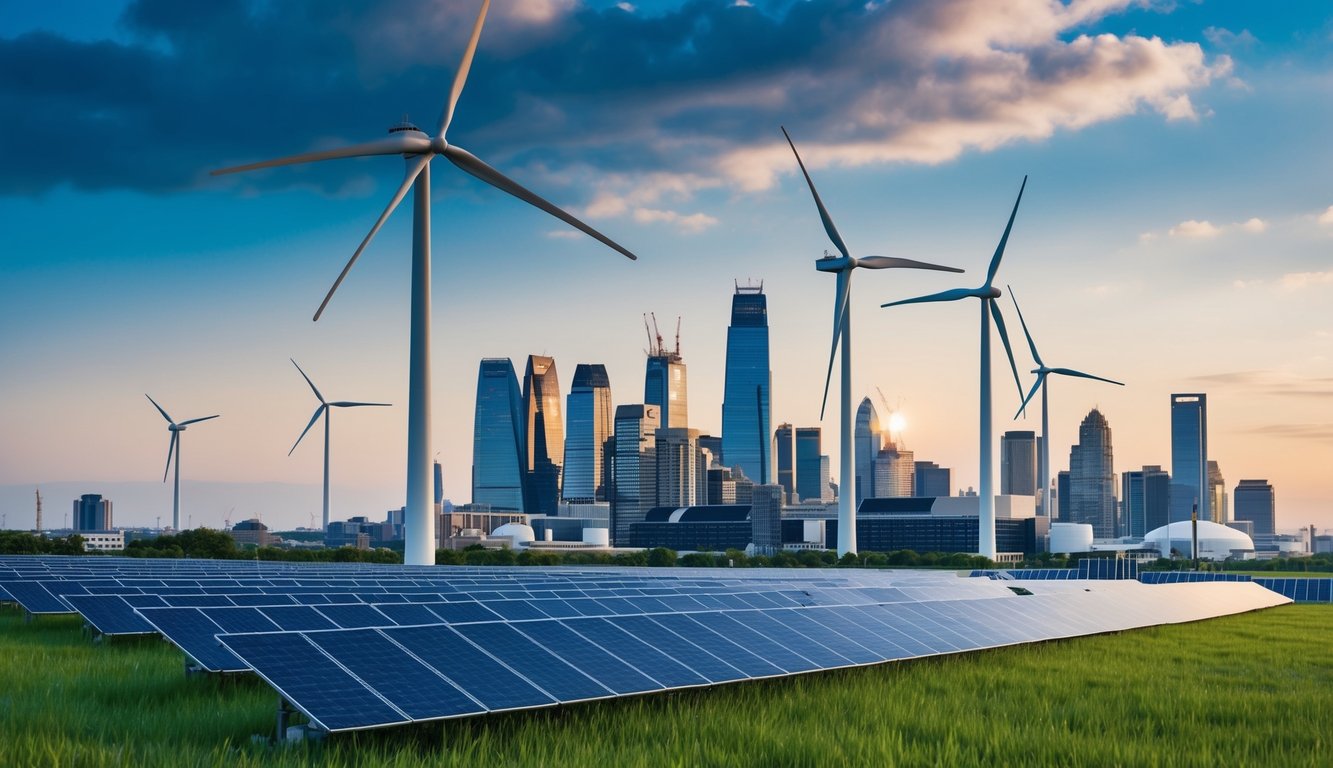 A bustling city skyline with renewable energy sources such as wind turbines and solar panels integrated into the infrastructure