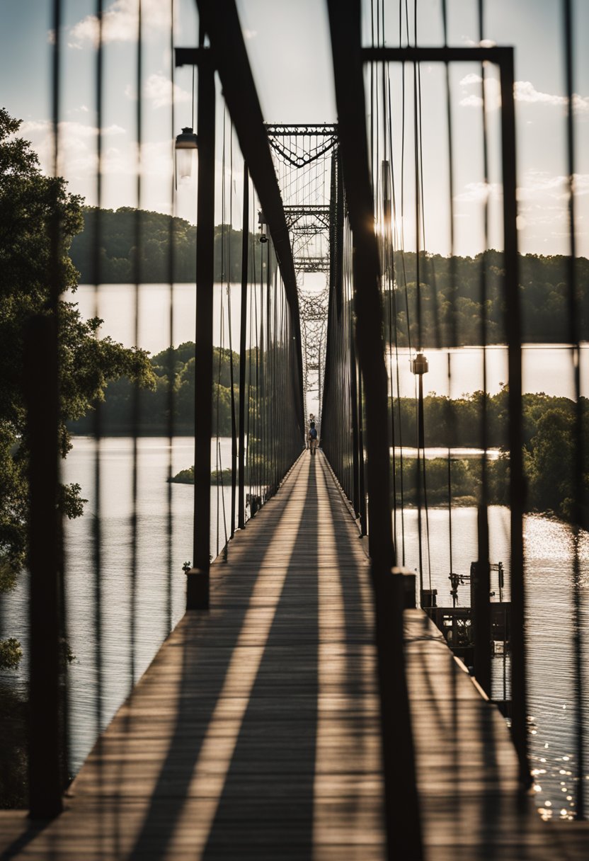 The Waco Suspension Bridge stretches across the Brazos River, leading to the Dr Pepper Museum and the Texas Ranger Hall of Fame