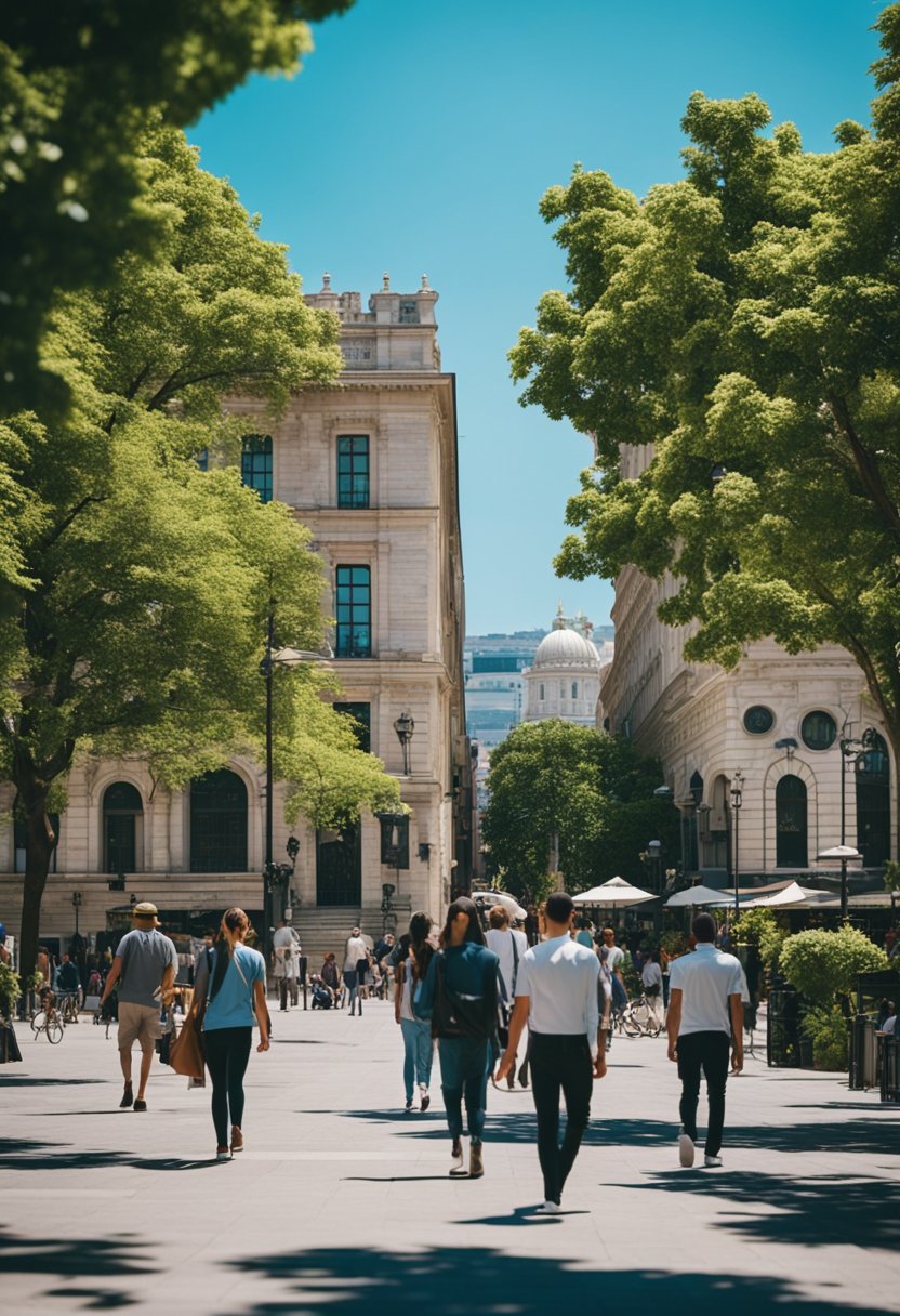 A bustling city street with colorful museum facades and people walking in and out, surrounded by vibrant green trees and a clear blue sky