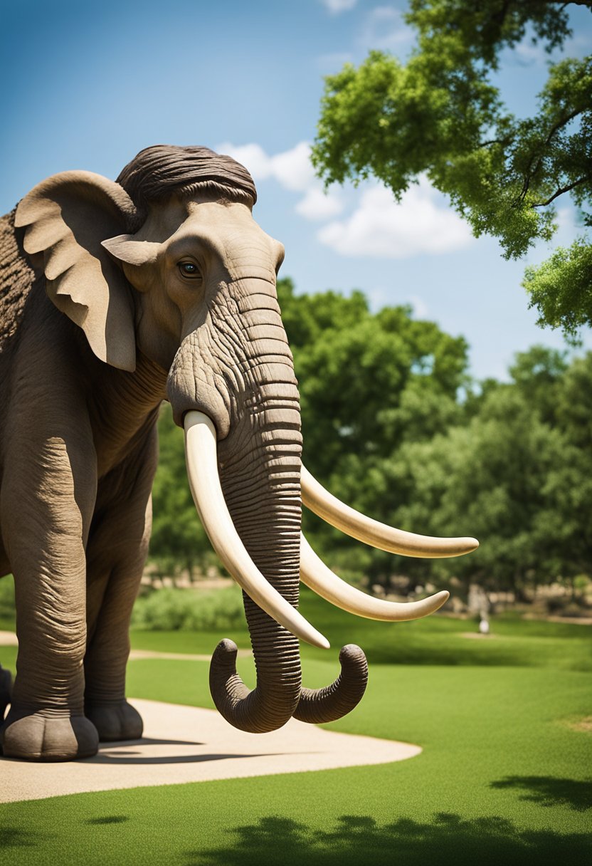 The Waco Mammoth National Monument features a museum with life-sized replicas of mammoths and other prehistoric creatures in a lush, green setting