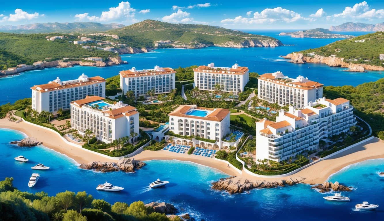 A panoramic view of 6 luxurious hotels nestled among the scenic landscapes of Mallorca, Spain, with sparkling blue waters and lush greenery