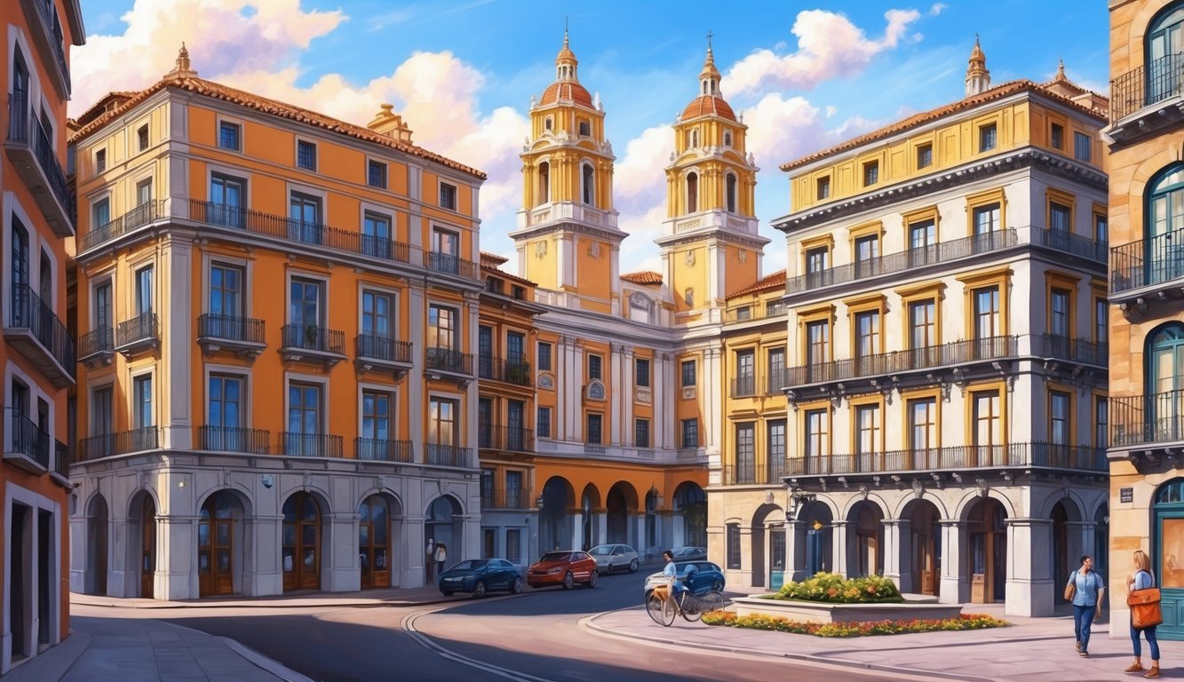 A picturesque scene of five prestigious college buildings in Spain, nestled among the charming streets and vibrant atmosphere of a historic city