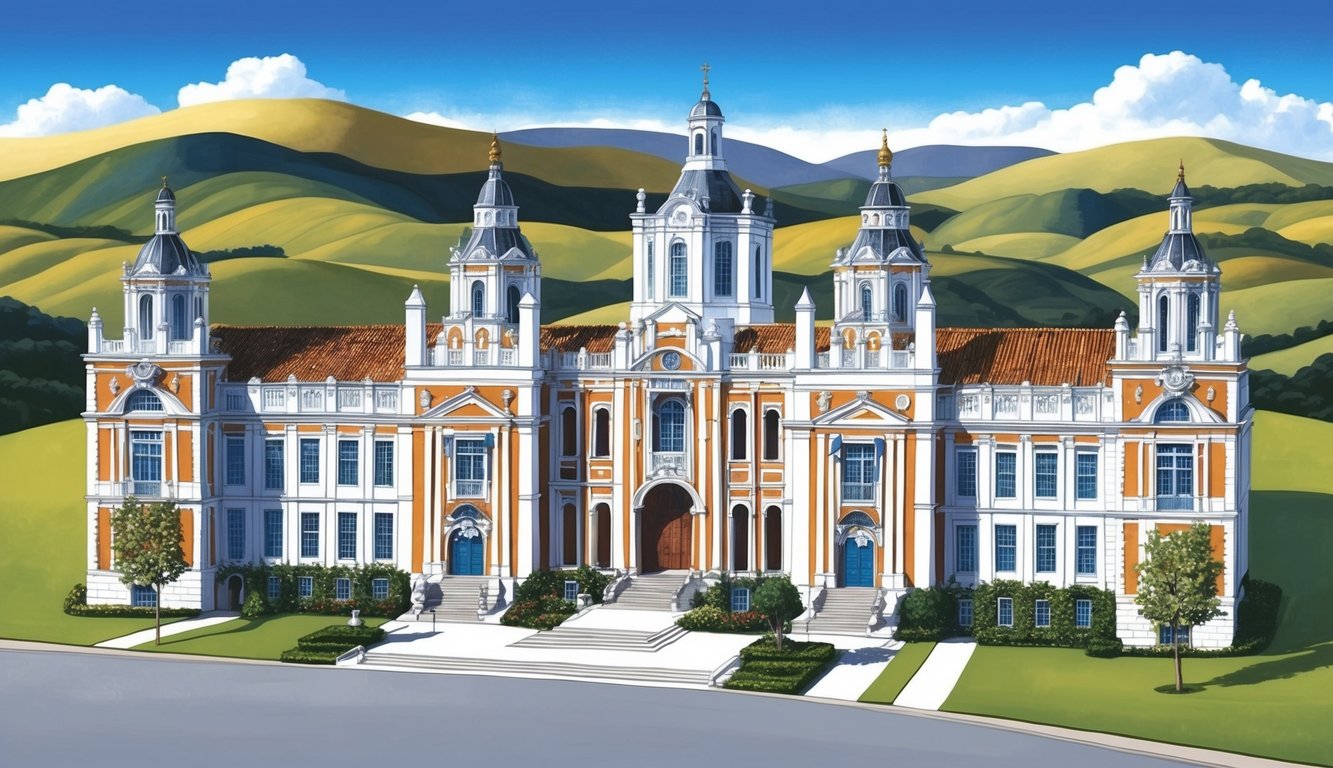 A group of historic Spanish college buildings set against a backdrop of rolling hills and clear blue skies. The architecture is unique and distinguished, with intricate details and vibrant colors