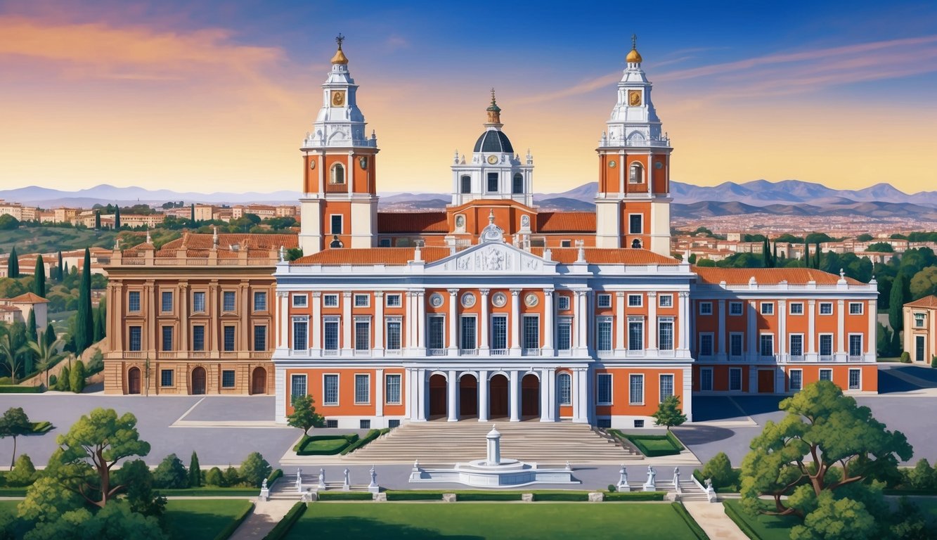 A group of iconic buildings representing five prestigious colleges in Spain, set against a backdrop of the Spanish landscape