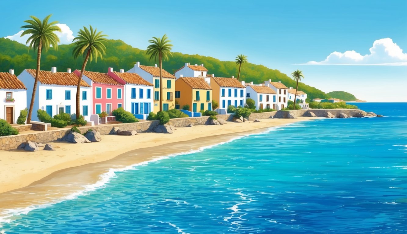 A serene coastal village in Spain, with colorful houses nestled along the shore, overlooking crystal-clear waters and sandy beaches. Palm trees sway in the gentle sea breeze under a clear blue sky