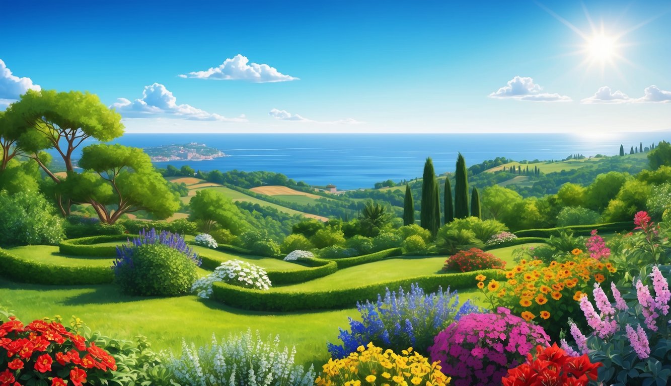 A sunny Spanish landscape with lush greenery, clear blue skies, and a variety of vibrant flowers in full bloom