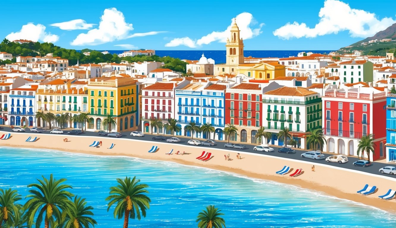 A coastal town in Spain with colorful buildings, palm trees, sandy beaches, and clear blue waters