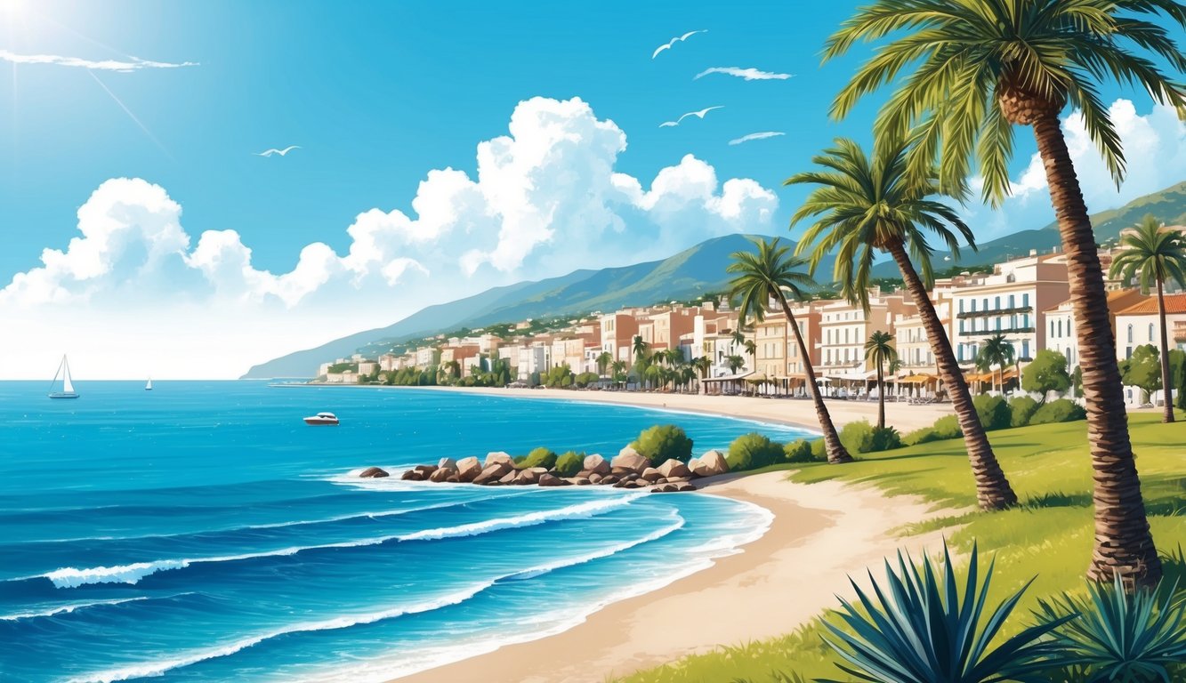 A sunny coastal town with palm trees, clear blue skies, and a gentle breeze coming from the Mediterranean Sea