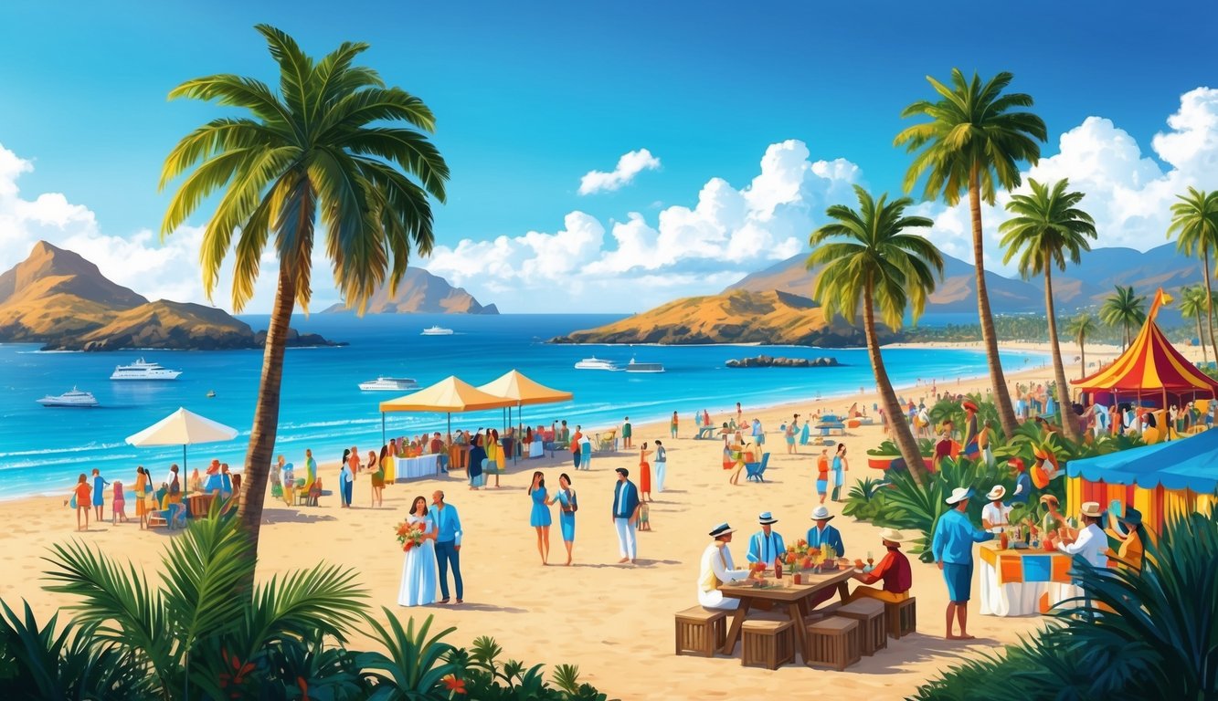 A sunny beach in the Canary Islands, with palm trees and clear blue water, while people enjoy cultural events and festivities