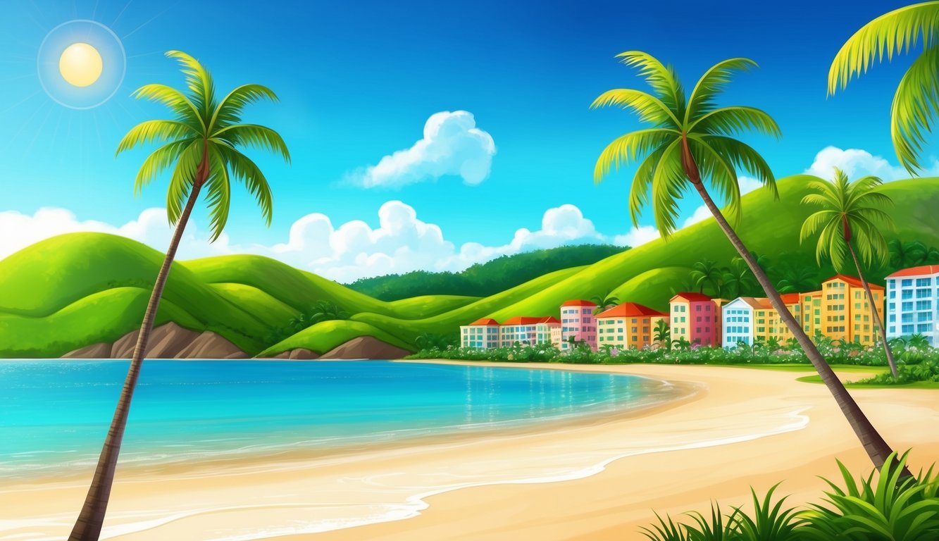 A sunny beach with palm trees, clear blue skies, and calm waters, surrounded by lush green hills and colorful buildings