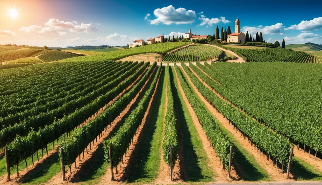 Rolling vineyard hills under a sunny sky, each region marked by distinct landscapes and architecture