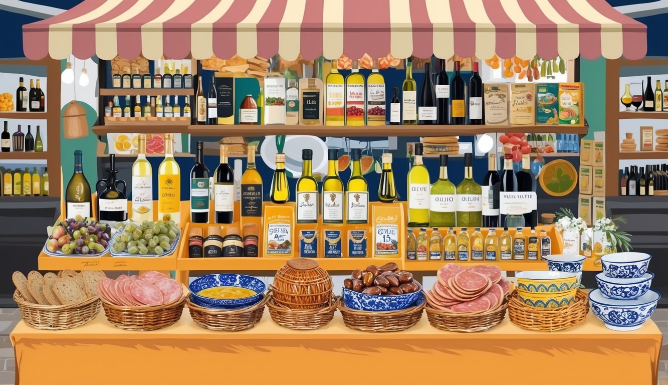 A vibrant market stall displays 15 iconic Spanish products, including wine, olive oil, jamón, and ceramics. The scene is bustling with color and activity