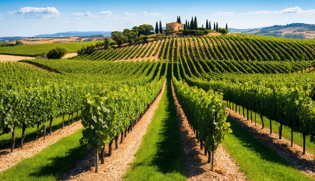 A picturesque vineyard landscape with rolling hills, lush grapevines, and a backdrop of Spanish countryside