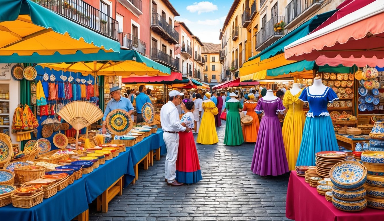 A bustling market with vibrant stalls selling traditional Spanish items like flamenco dresses, fans, ceramics, and jamón. The scene is filled with lively colors and people browsing the various products