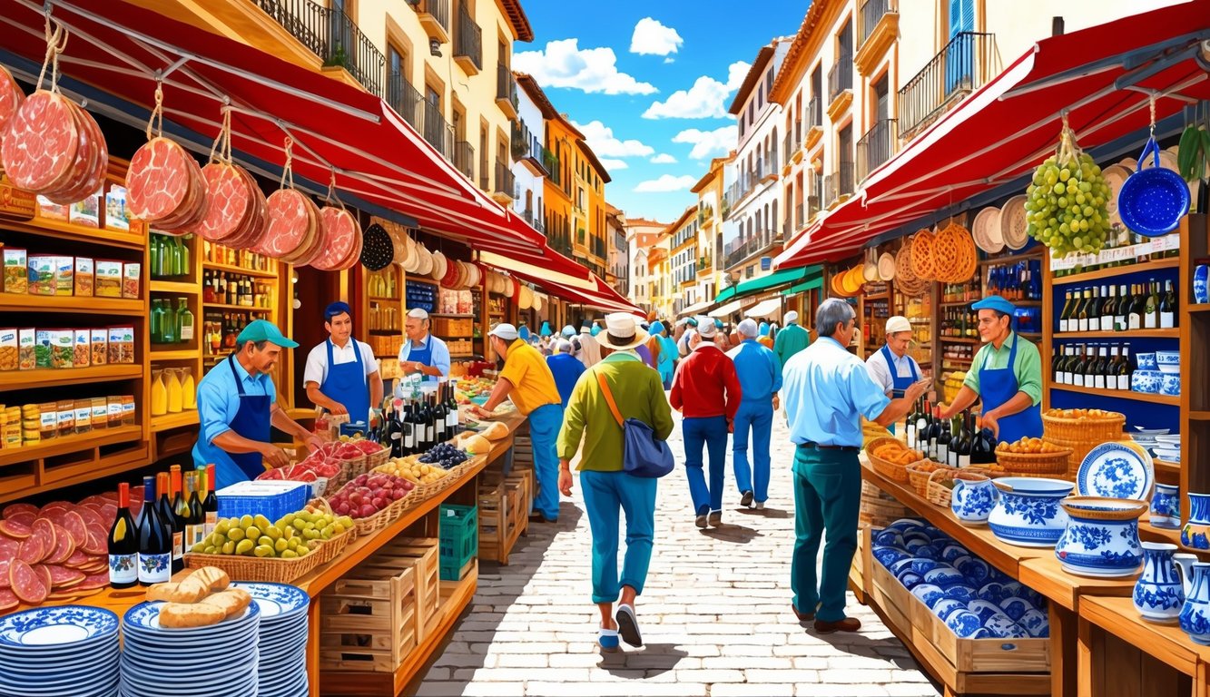 A bustling Spanish market with colorful stalls selling jamón, olives, wine, ceramics, and other traditional items. Vendors and shoppers fill the lively scene