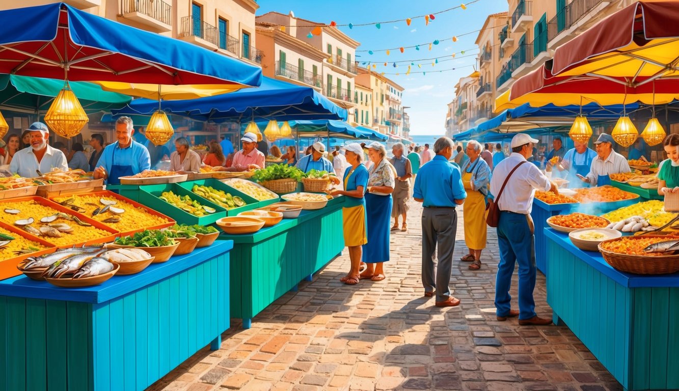 A bustling seaside market, filled with colorful stalls offering fresh seafood, local produce, and traditional Spanish dishes. The scent of paella and grilled fish fills the air as visitors sample the gastronomic delights of the coastal town