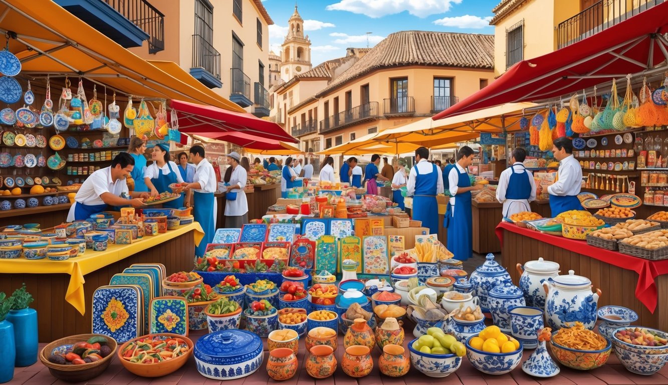 A bustling Spanish market filled with colorful souvenirs and local products, including traditional ceramics, flamenco accessories, and delicious regional food items