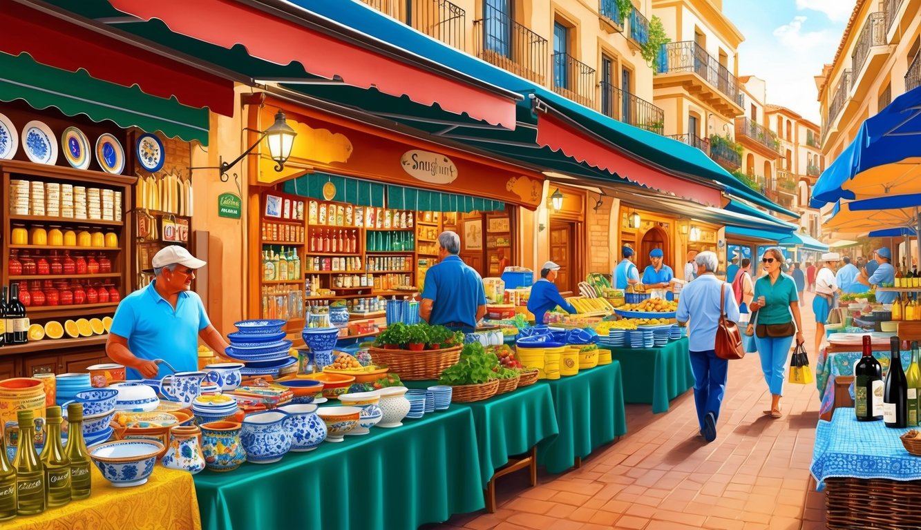 A bustling Spanish marketplace with colorful stalls selling various must-buy items such as ceramics, textiles, olive oil, and wine