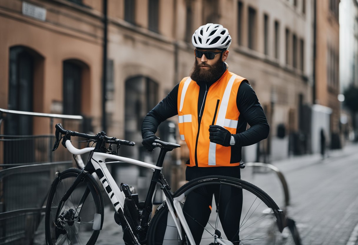 A cyclist standing next to a bike, surrounded by safety gear essentials such as a helmet, reflective vest, gloves, and a bike lock