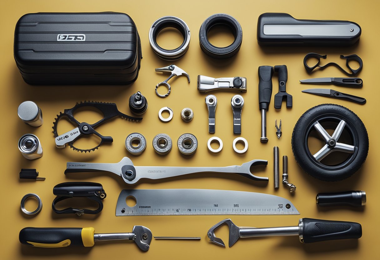 A cyclist's tool kit spread out on a workbench, with a multitool, tire levers, patch kit, and mini pump