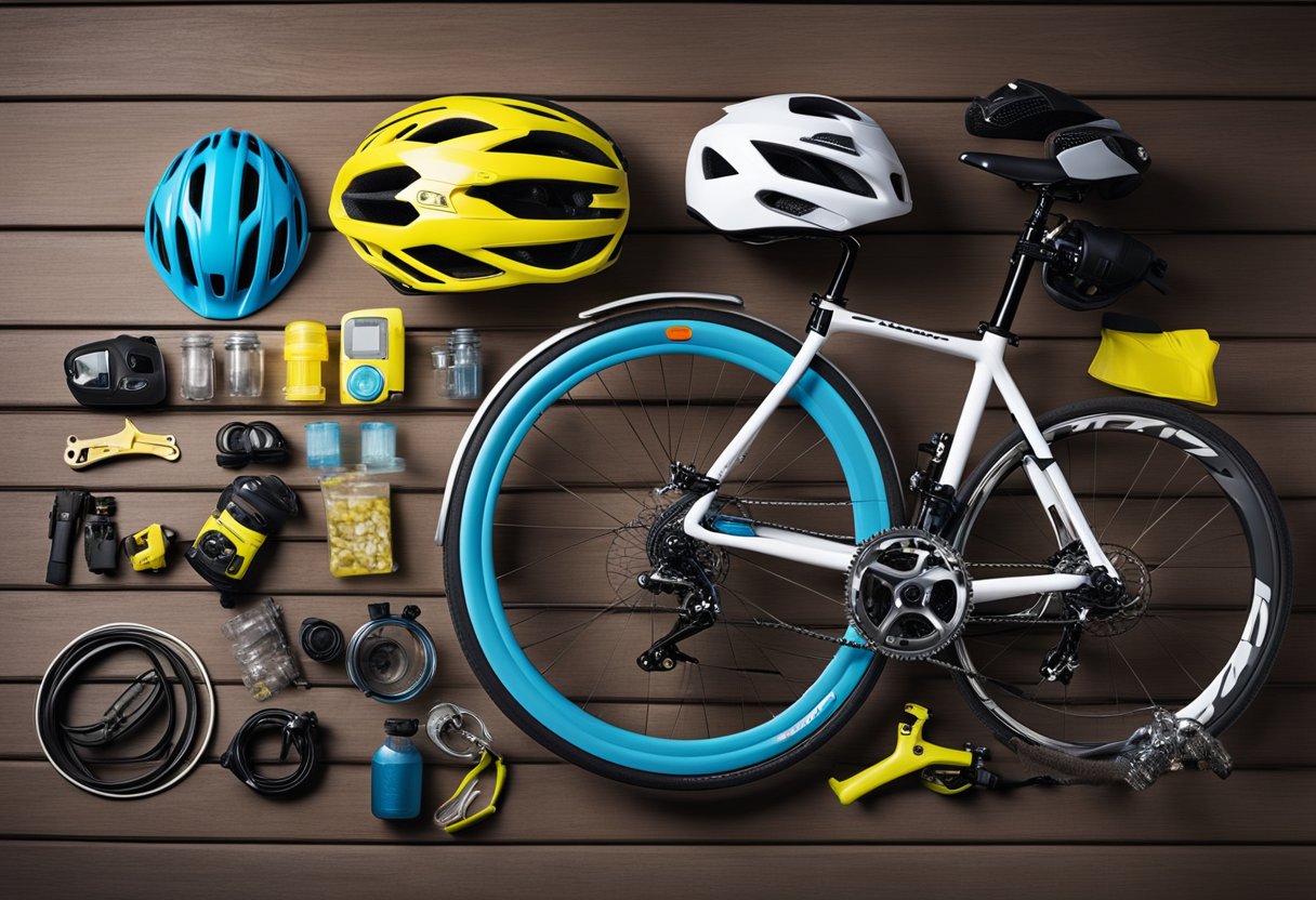 A bicycle with a variety of accessories laid out next to it, including helmets, lights, water bottles, and repair kits