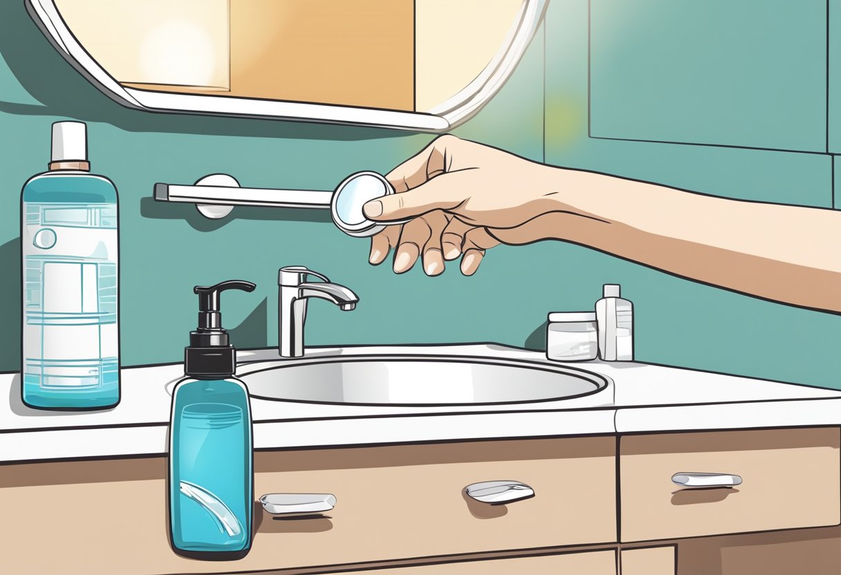 A hand reaching for a contact lens case on a bathroom counter, with a bottle of solution and a mirror in the background