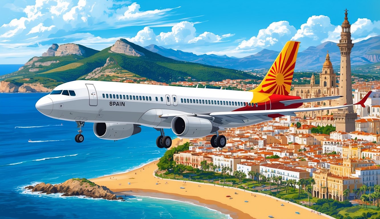 An airplane flying over the scenic landscape of Spain, with mountains, beaches, and iconic landmarks in the background