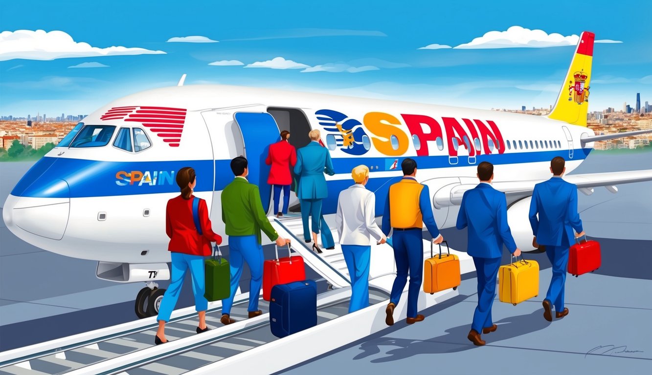 Passengers boarding planes with logos of top airlines flying to Spain. Blue skies and a distant city skyline in the background