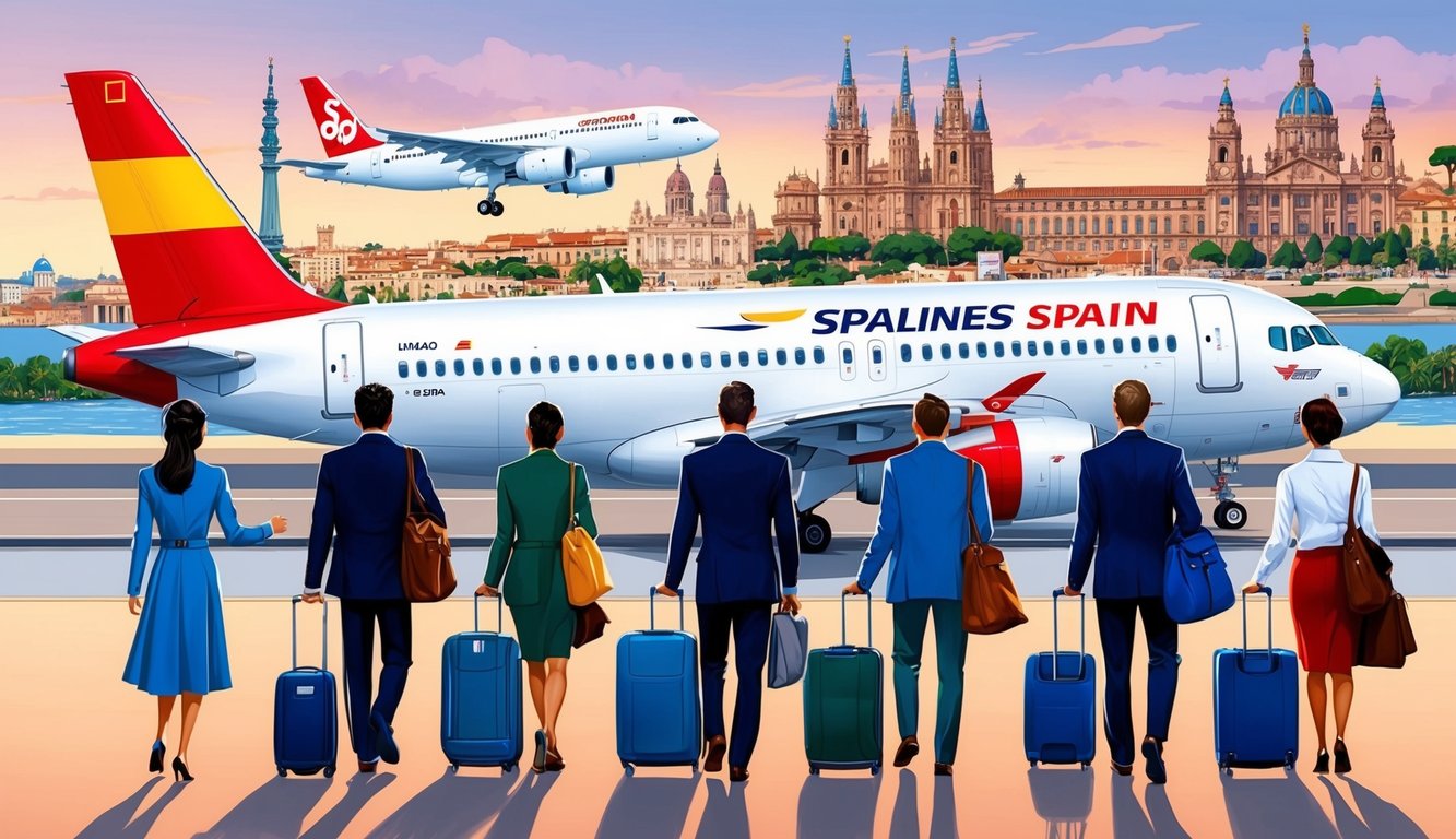 Passengers in various flight classes boarding planes from 5 top airlines, with Spain's iconic landmarks in the background