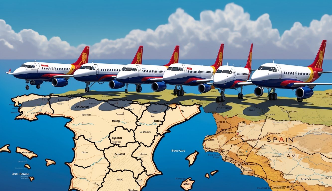 A lineup of 5 airplanes flying over a map of Spain