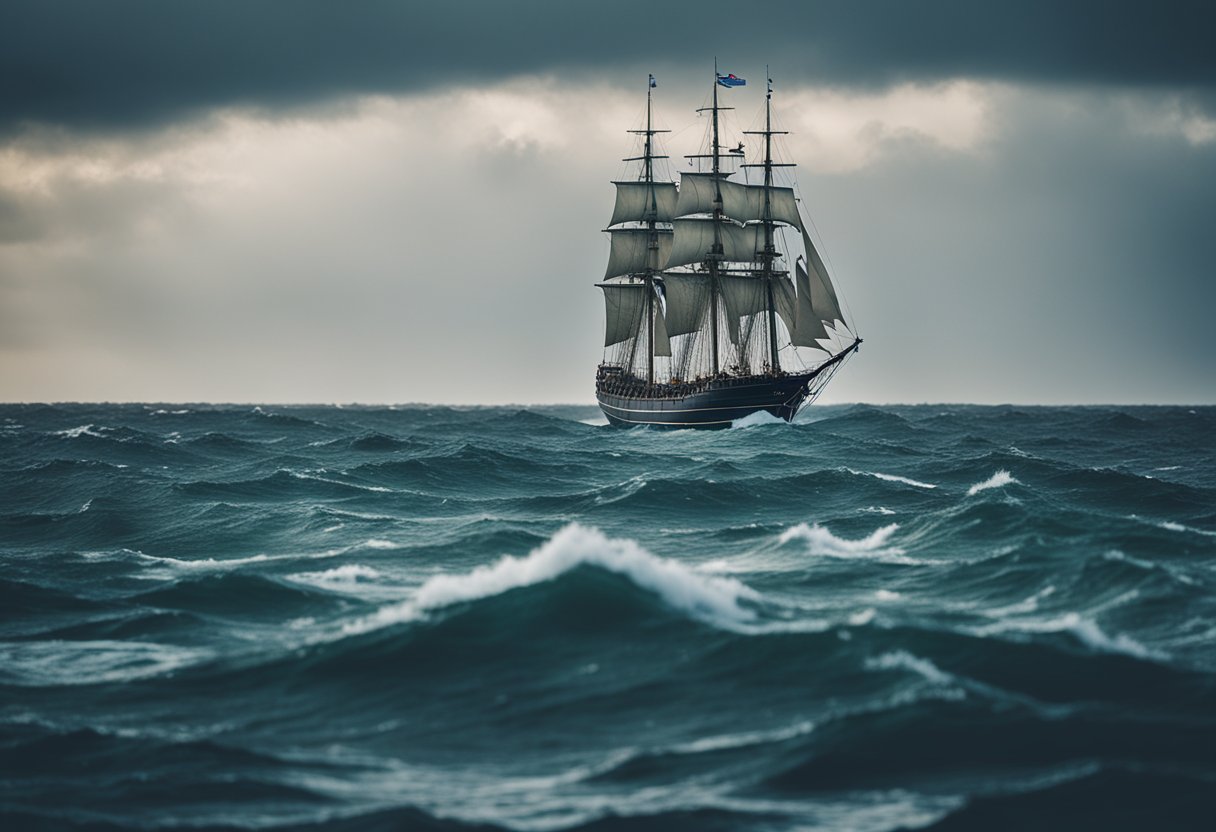 Grace O'Malley's ship sailing on stormy seas, with a backdrop of rugged Irish coastline and ancient castles