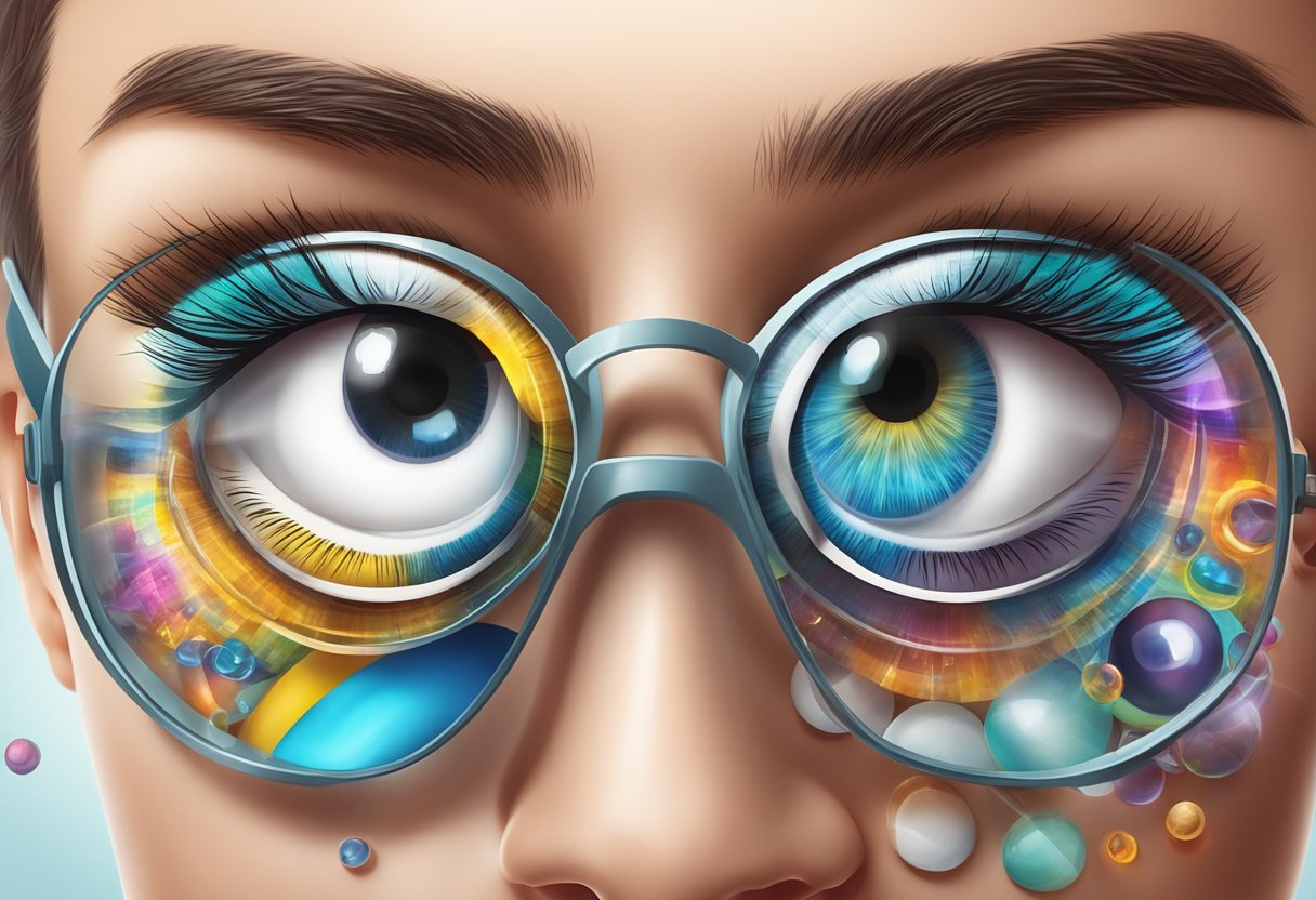 A pair of vibrant, colourful contact lenses surrounded by protective eyewear and eye health-related symbols