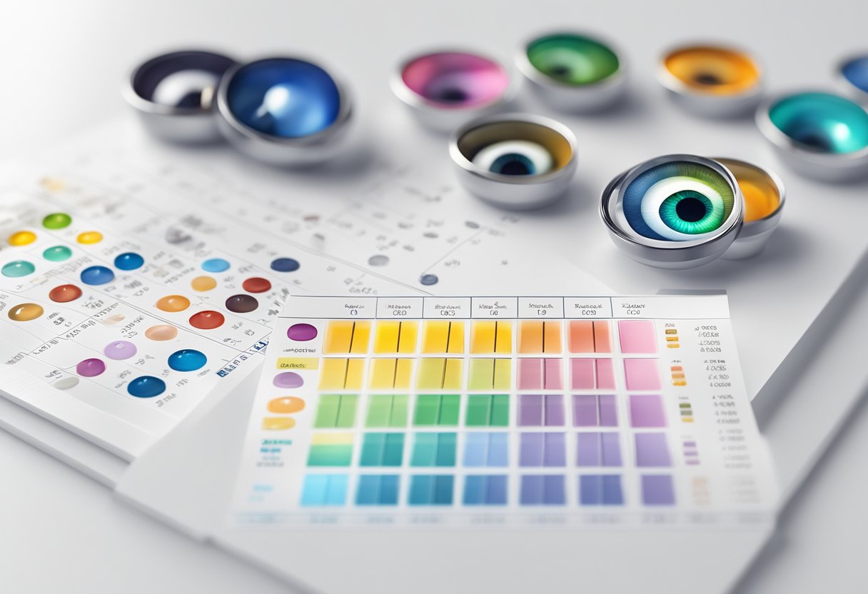 A variety of colorful contact lenses arranged on a clean, white surface, with a schedule chart nearby