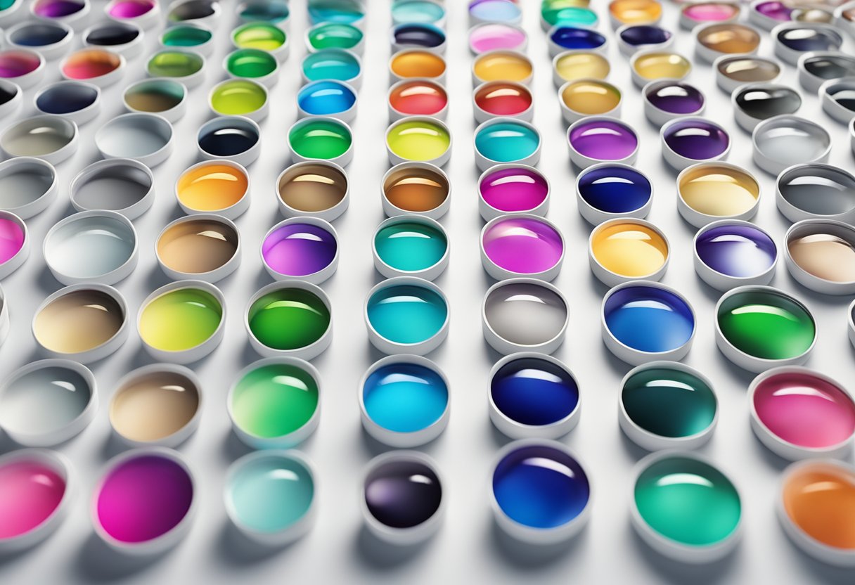 A colorful array of non-prescription colored contacts displayed on a clean, white surface under bright, natural lighting