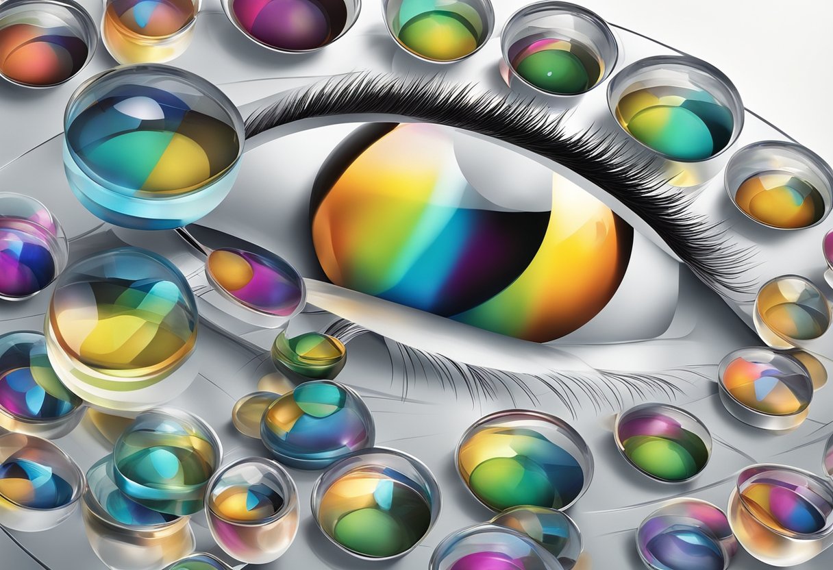 A close-up of colorful contact lenses surrounded by advanced material samples