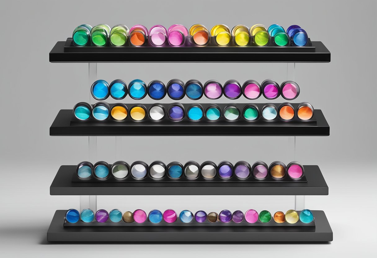 A colorful array of non-prescription colored contacts displayed on a sleek, modern display stand, catching the light and showcasing their vibrant hues